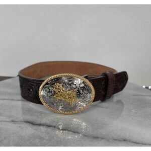 3D Belt Company Boys 18 Brown Tooled Leather Western Oval Buckle Horse Cowboy